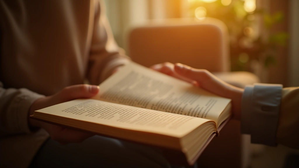 Nahaufnahme von Händen, die ein Buch halten und die Seiten umblättern, warmes Tageslicht, gemütliche Leseecke im Hintergrund