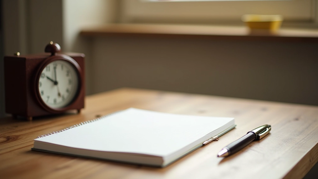 Leeres Schreibtischset mit analogem Notizbuch, Stift und Wecker — kein Smartphone sichtbar