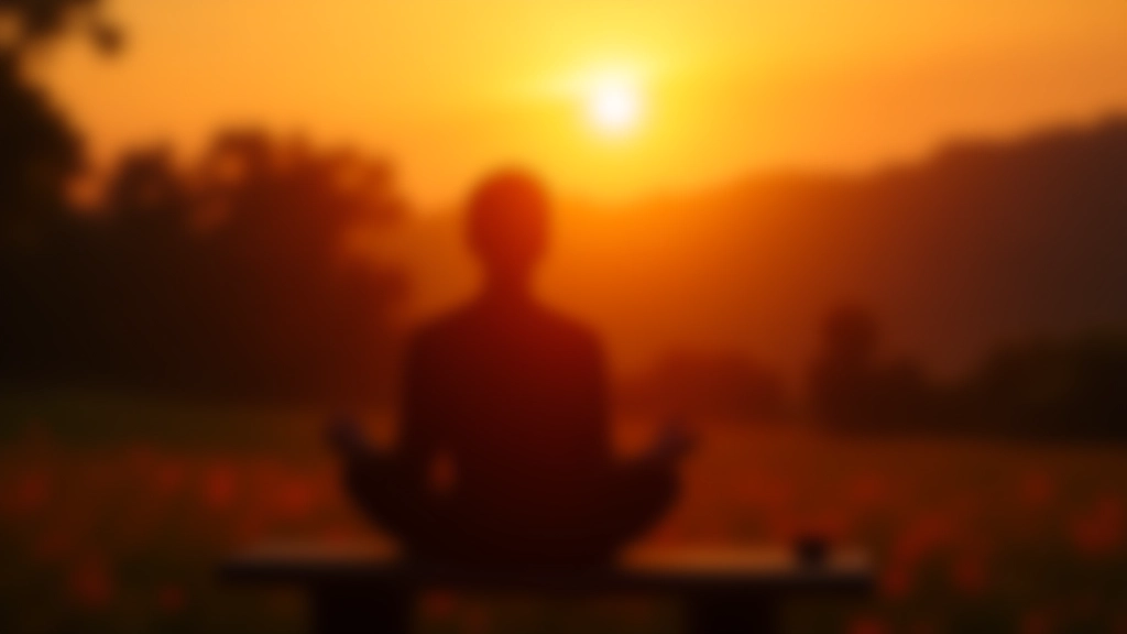 Sonnenuntergang über ruhiger Landschaft, eine Person sitzt auf einer Bank und genießt den Moment, kein Handy sichtbar