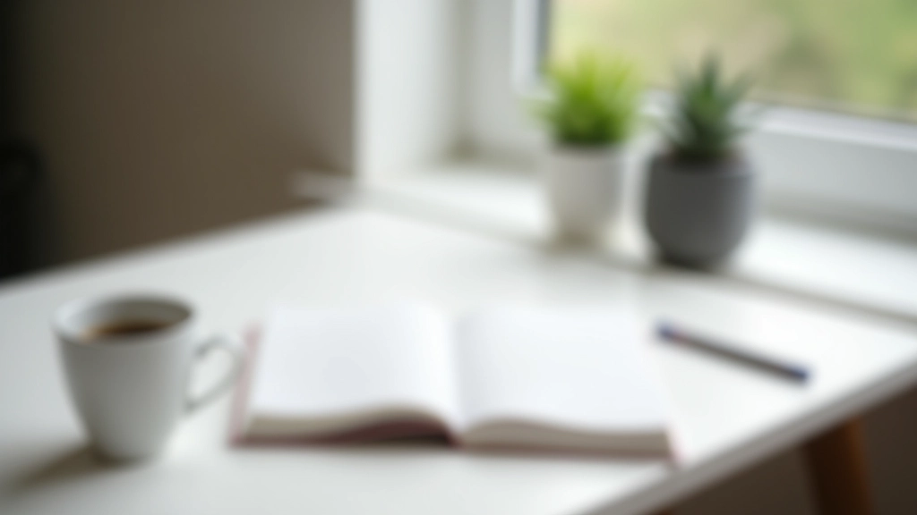 Minimalistischer Schreibtisch mit Buch, Stift und Kaffeetasse, keine digitalen Geräte, klare Fokusumgebung