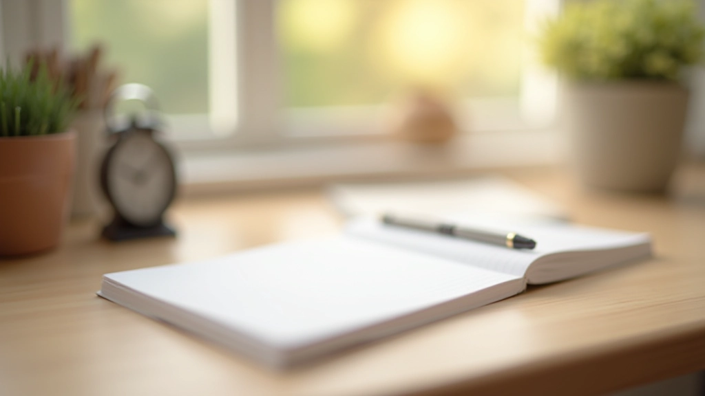 Minimalistischer Arbeitsplatz mit Notizbuch und analoger Uhr, kein digitales Gerät sichtbar