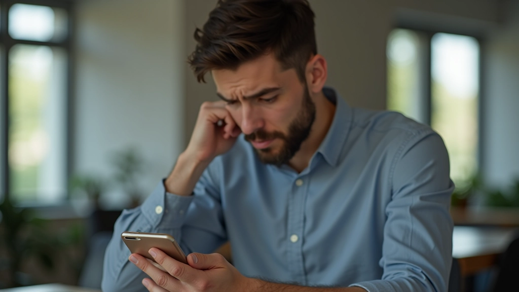 Person, die gestresst auf ihr Smartphone schaut, während sie am Schreibtisch sitzt, umgeben von Arbeitsunterlagen