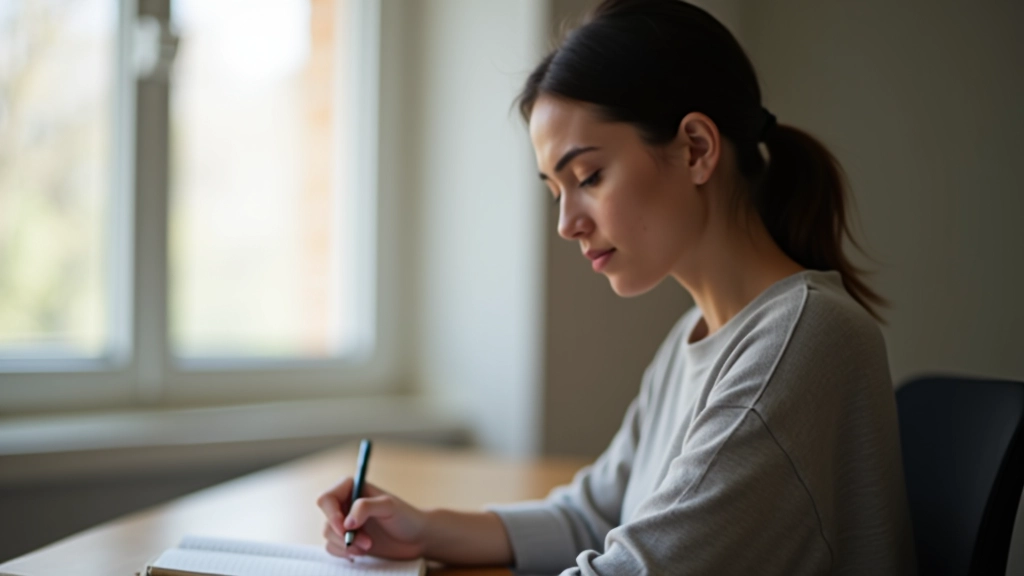 Person, die Notizen in ein Tagebuch schreibt, reflektiert nachdenklich, helles natürliches Licht