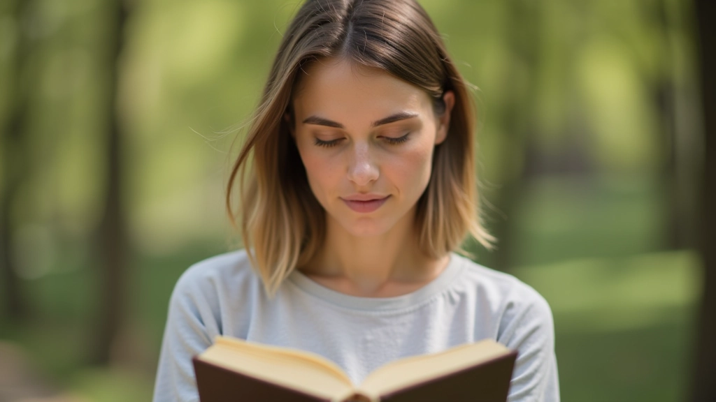 Person liest konzentriert ein Buch, umgeben von Natur und Tageslicht