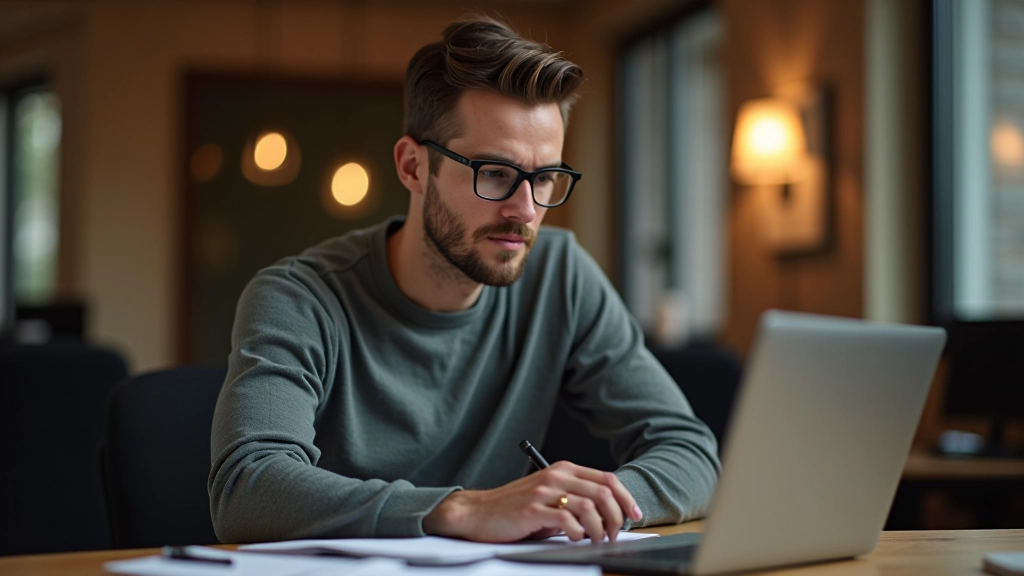 Person bei konzentrierter Arbeit an einem Projekt, tiefe Aufmerksamkeit und Fokus, produktive Offline-Umgebung