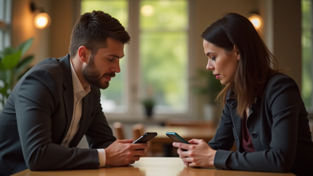 Zwei Menschen sitzen am Tisch und führen ein tiefes Gespräch ohne Smartphones