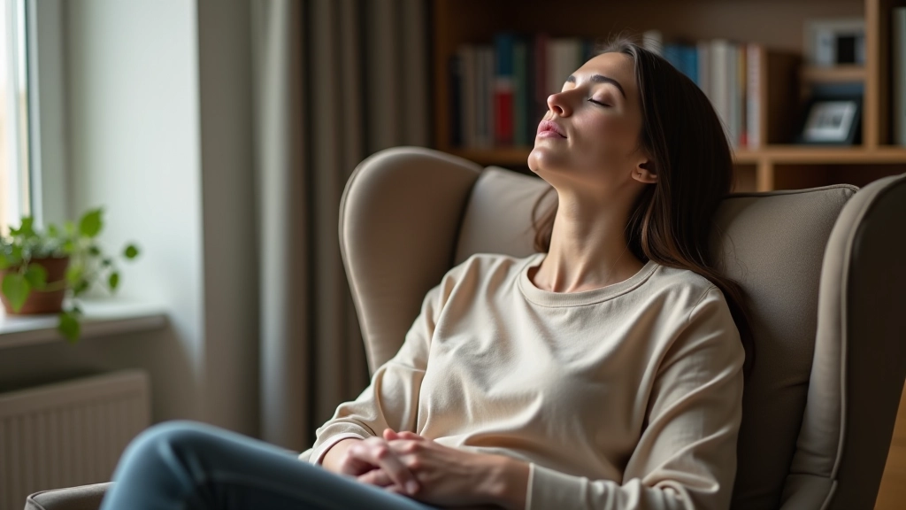 Frau mittleren Alters sitzt mit geschlossenen Augen in einem Sessel, entspannt und friedlich, helles Wohnzimmer mit natürlichem Licht